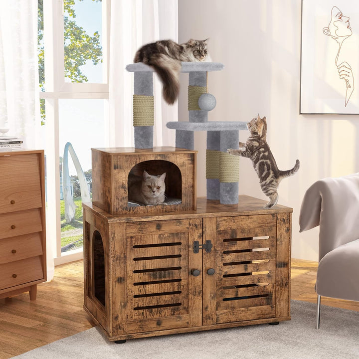 Lamerge Cat Litter Box Enclosure,Hidden Kitty Washroom,Multifuctional Enlarged Cat Litter Cabinet Cat House with Cat Tree Tower Scratching Post,Removable Divider,Rustic Brown