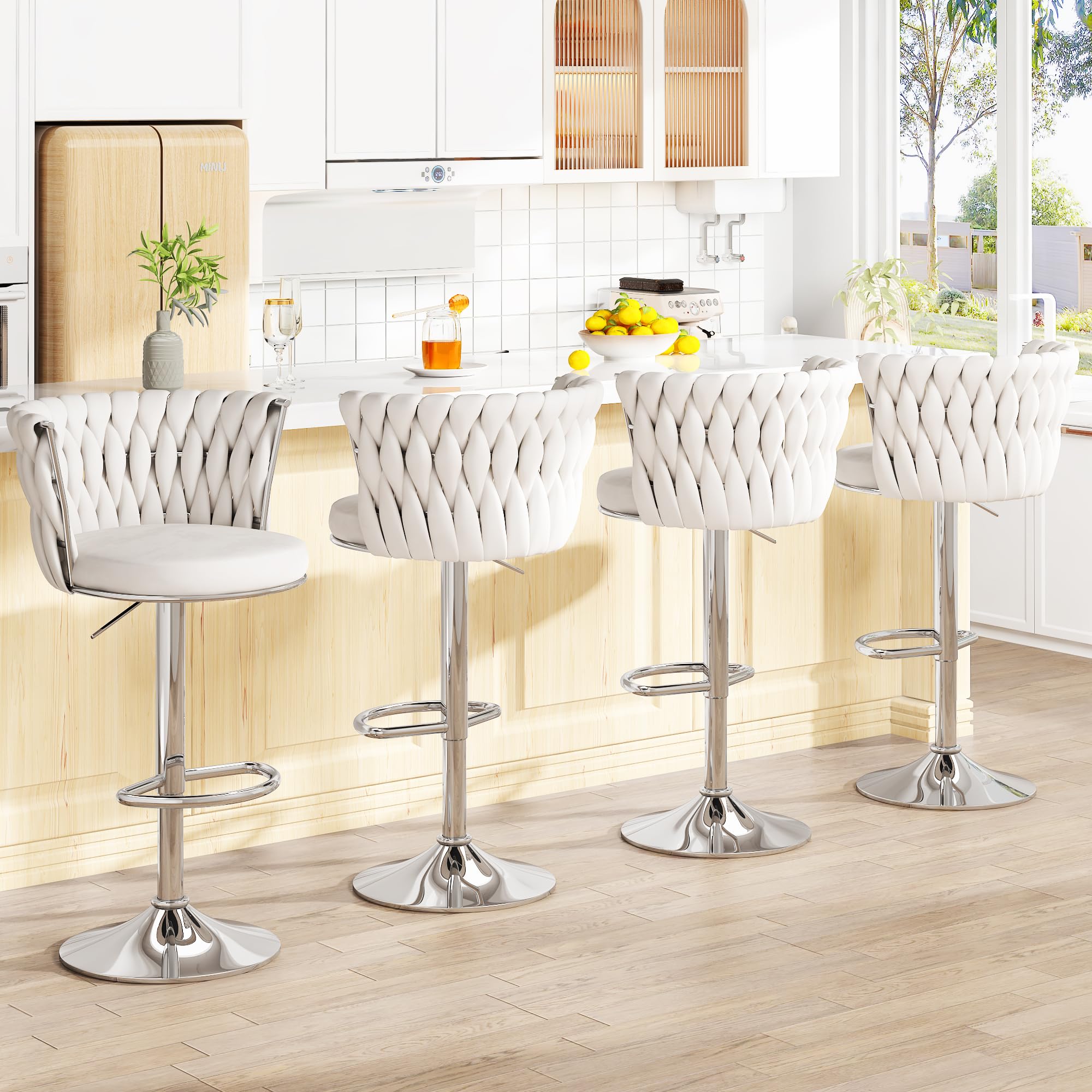 Lamerge Grey Velvet Bar Stools Set of 4 Modern Swivel Bar Chairs Counter Height Bar Stool with High Backrest Adjustable Barstools Upholstered Kitchen