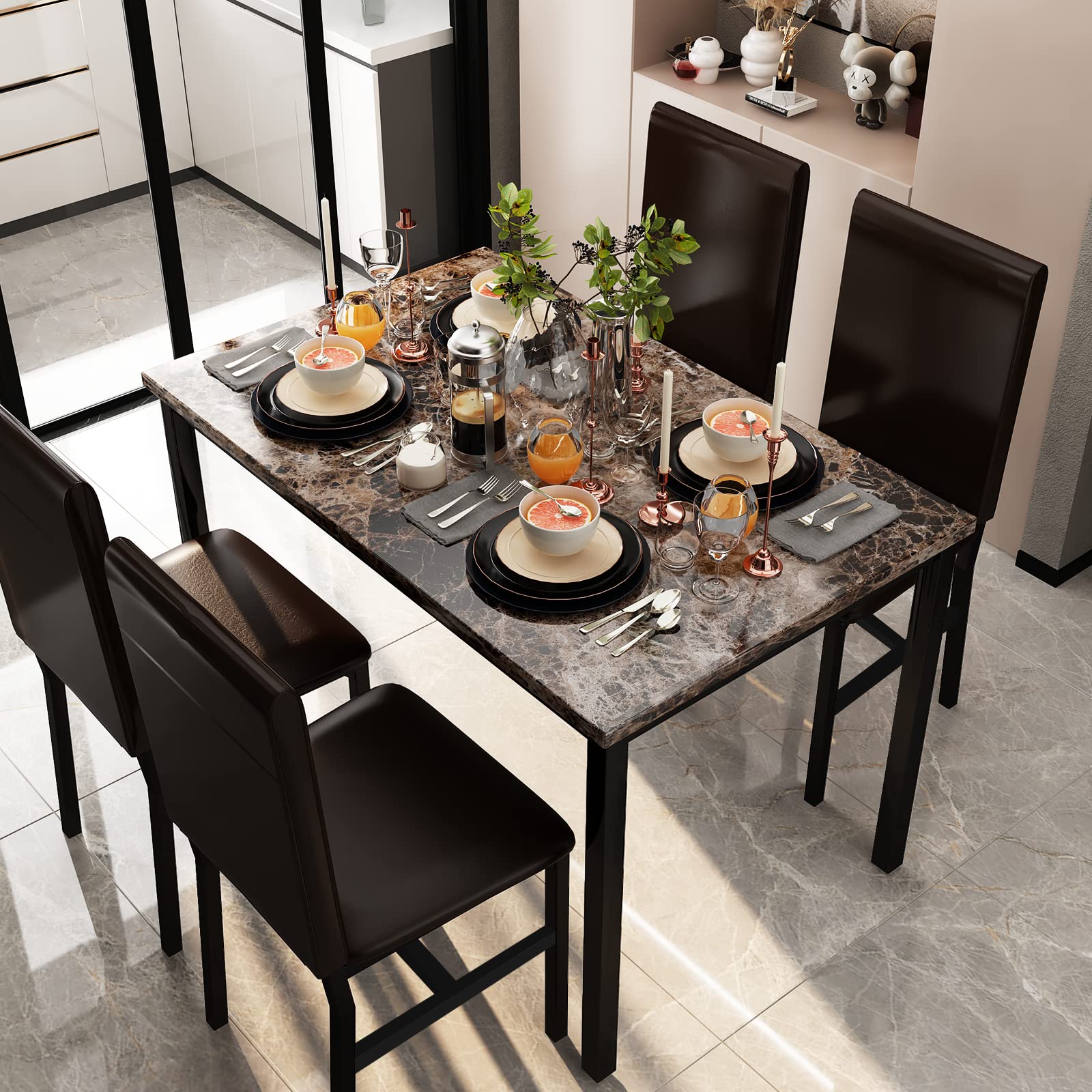 Lamerge 5 Piece Dining Table Set for 4 Faux Marble Kitchen Table and Chairs for 4 Dining Room Table Set with PU Leather Chairs Small Dining Set for