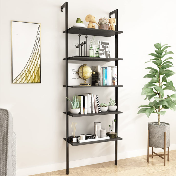 Hooseng Open Wall Mount Bookcase, Modern 5-Shelf Ladder Shelf w/Industrial Metal + Manufactured Wood Storage Organizer, Plant Display Rack, Stand Bookshelf for Home Office, Black