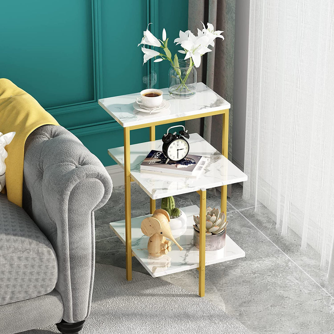 Lamerge White and Gold End Table, 3-Tier Faux Marble Side Table Small Round Coffee Table w/Metal Frame,Bedside Tables Nightstand for bedroom, Small Spaces