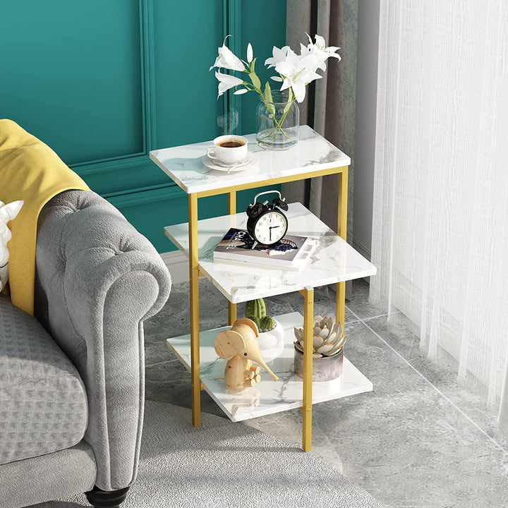 Lamerge White and Gold End Table, 3-Tier Faux Marble Side Table Small Round Coffee Table w/Metal Frame,Bedside Tables Nightstand for bedroom, Small Spaces