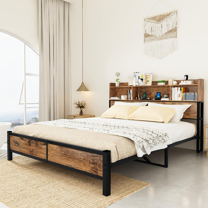 Lamerge Queen Bed Frame with Storage Headboard and Charging Station,Metal Platform Bed Queen with Bookcase Storage,No Box Spring Needed, Easy Assembly, Noise-Free, Walnut