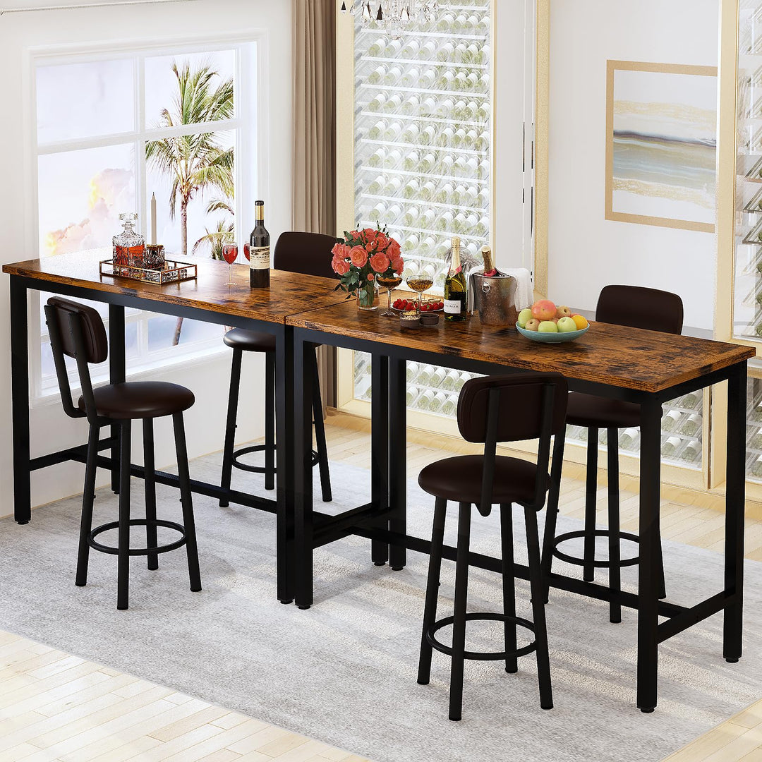 Lamerge Industrial Pub Height Table with 2 PU Upholstered Stools,3-Piece Kitchen Table and Chairs,Suit for Dining Room & Living Room & Breakfast Nook & Bistro,Bar Table Set for 2,Brown & Black,47.2"