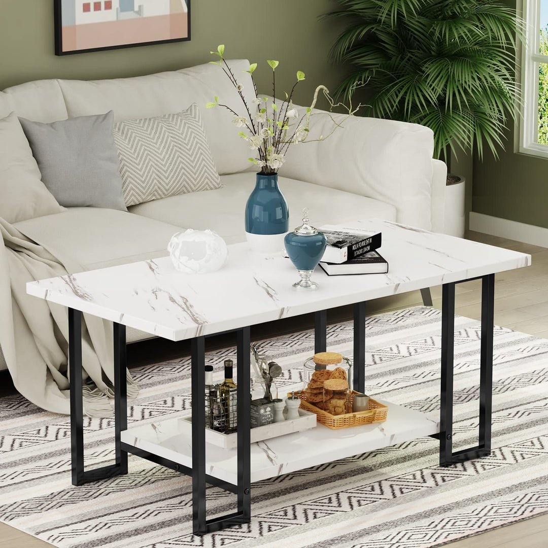 Lamerge Coffee Table, Modern Faux Marble Top Coffee Table with Metal Frame and Storage Shelf, 2-Tier Rectangle Accent Cocktail Table for Living Room, Office, White Black