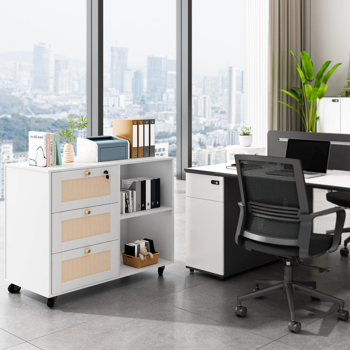 Lamerge White Filing Cabinet with Drawers & Lock, Wood Printer Stand with Storage,Rattan Office Storage Cabinet Mobile Lateral Filing Cabinet for Home Office with Open Storage Shelves