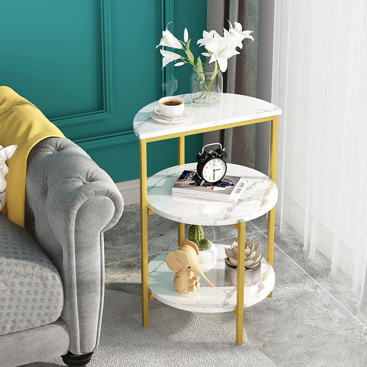 Lamerge White and Gold End Table, 3-Tier Faux Marble Side Table Small Round Coffee Table w/Metal Frame,Bedside Tables Nightstand for bedroom, Small Spaces