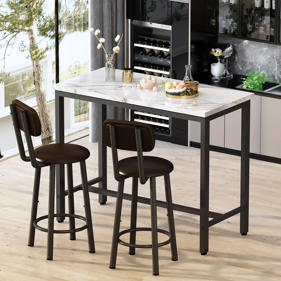 Lamerge Industrial Pub Height Table with 2 PU Upholstered Stools,3-Piece Kitchen Table and Chairs,Suit for Dining Room & Living Room & Breakfast Nook & Bistro,Bar Table Set for 2,Brown & Black,39.3"