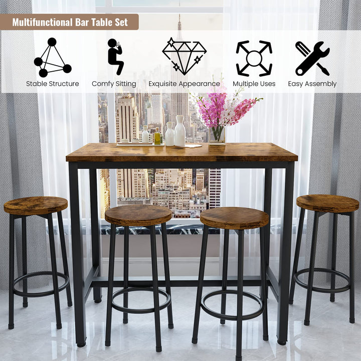 Lamerge Bar Table Set,Industrial Bar Table and Chairs Set,5 Pcs Dining Table Set Counter Height Pub Table with 4 Chairs, Wooden Breakfast Table Set Kitchen Counter,Adjustable Feet,Rustic Brown