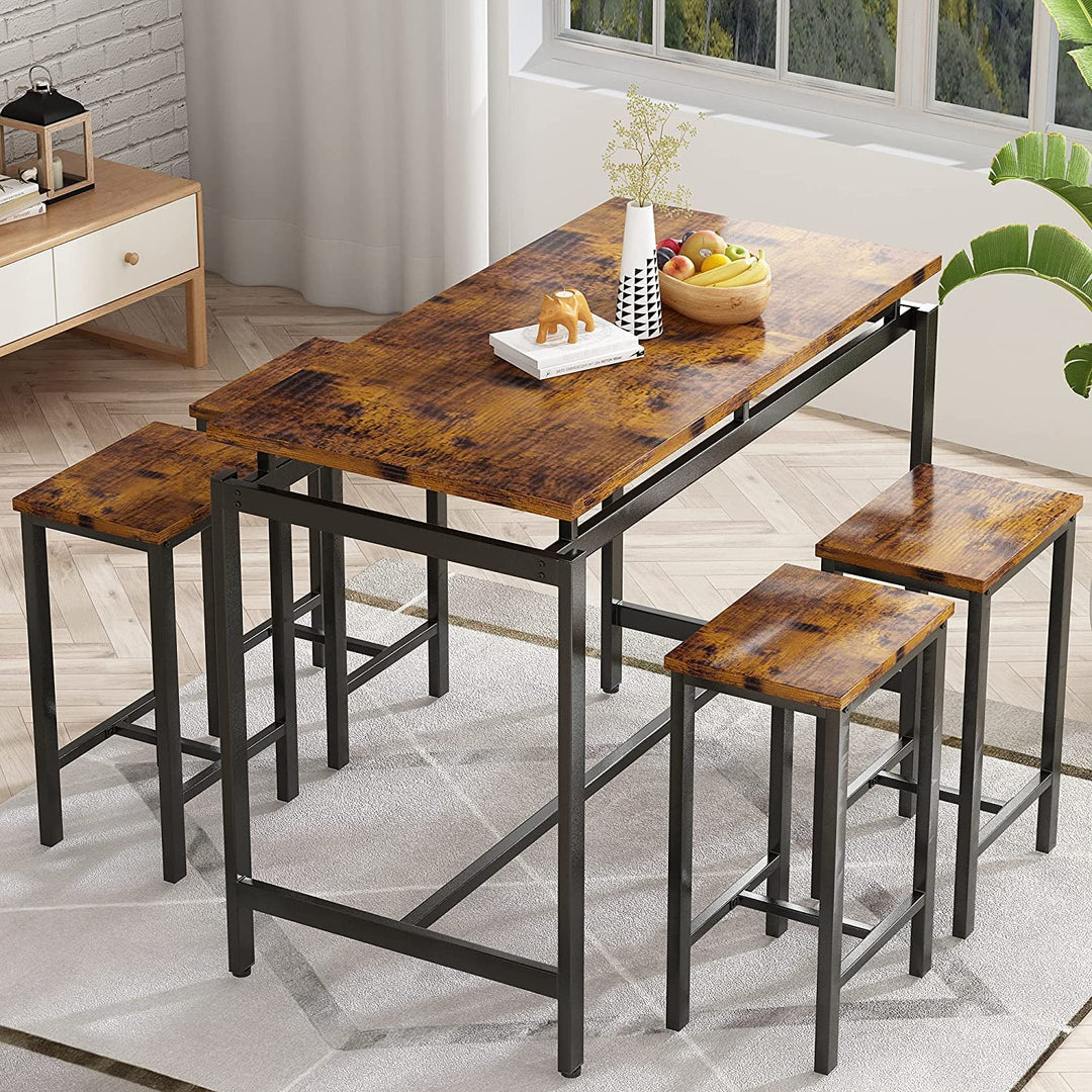 Lamerge Bar Table Set,Industrial Bar Table and Chairs Set,5 Pcs Dining Table Set Counter Height Pub Table with 4 Chairs, Wooden Breakfast Table Set Kitchen Counter,Adjustable Feet,Rustic Brown