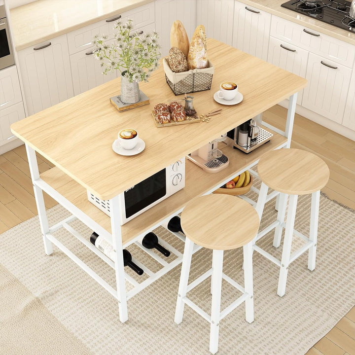 Lamerge Kitchen Table Set for 2,Kitchen Island with Seating and Storage, Island Table for Kitchen with 3 Shelves, Wooden Counter Height Table and Chairs Set,3 Piece Bar Table Set for Small Space,Beige