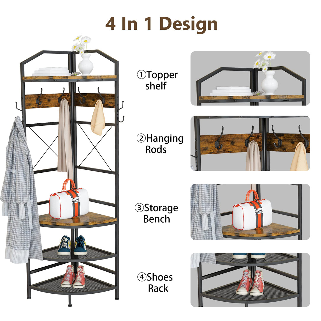 Lamerge Conner Coat Rack with Storage, Multifunctional Entryway Shelf Organizer with 12 Hooks & 4-tier Shelves, 72" Industrial Hall Tree Freestanding Clothes Rack for Living Room Bedroom, Brown