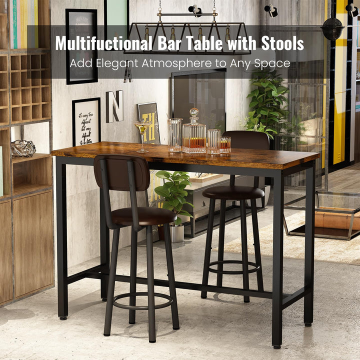 Lamerge Industrial Pub Height Table with 2 PU Upholstered Stools,3-Piece Kitchen Table and Chairs,Suit for Dining Room & Living Room & Breakfast Nook & Bistro,Bar Table Set for 2,Brown & Black,47.2"