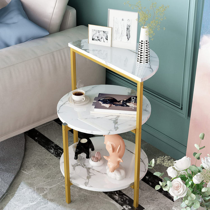 Lamerge White and Gold End Table, 3-Tier Faux Marble Side Table Small Round Coffee Table w/Metal Frame,Bedside Tables Nightstand for bedroom, Small Spaces