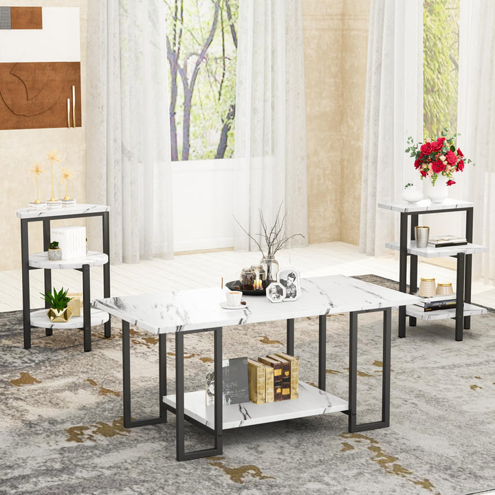 Lamerge Coffee Table Set of 3,Rectangle Coffee Table&2 Accent Table,Faux Marble Tabletop,3 Piece Living Room Table Sets with Multi Tier Storage, for Small Space, Apartment,White & Black