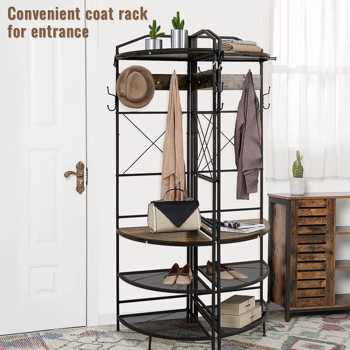 Recaceik Hall Tree, Entryway Coat Rack with Drawer, Industrial 5 In 1 Entryway Bench with Storage Shoe Rack and 12 Hooks, Freestanding Home Organizer with Shelf & Grid Panel, Anti-dumping