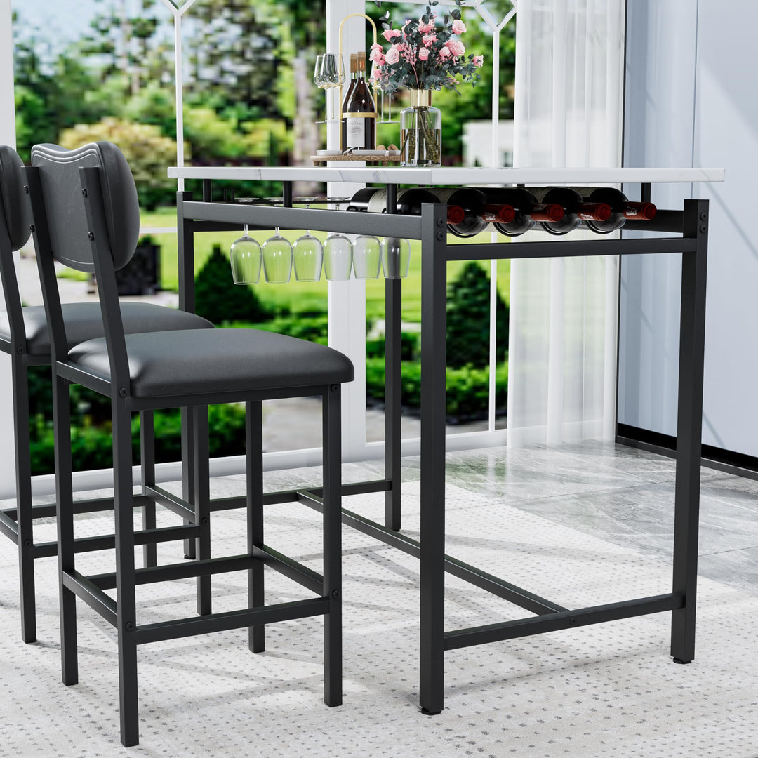 Lamerge 3-Piece Dining Table Set for 2, Table and Chairs with Wine Rack, Kitchen Table Set with 2 Velvet Chairs, Bar Table Set for Small Spaces, Breakfast, Pub, Gray&White