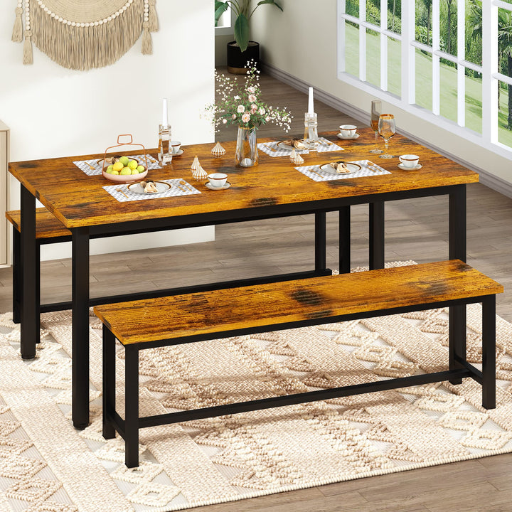 Lamerge Kitchen Table Set with 2 Benches 4 Person Dining Room Table Set for Home Kitchen, Dining Room, Restaurant, Space Saving, 47.2inch Table and 41.3inch Bench, Industrial Brown,CZ-01