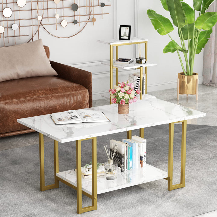 Lamerge Coffee Table Set of 3,Rectangle Coffee Table&2 Accent Table,Faux Marble Tabletop,3 Piece Living Room Table Sets with Multi Tier Storage, for Small Space, Apartment,White & Black