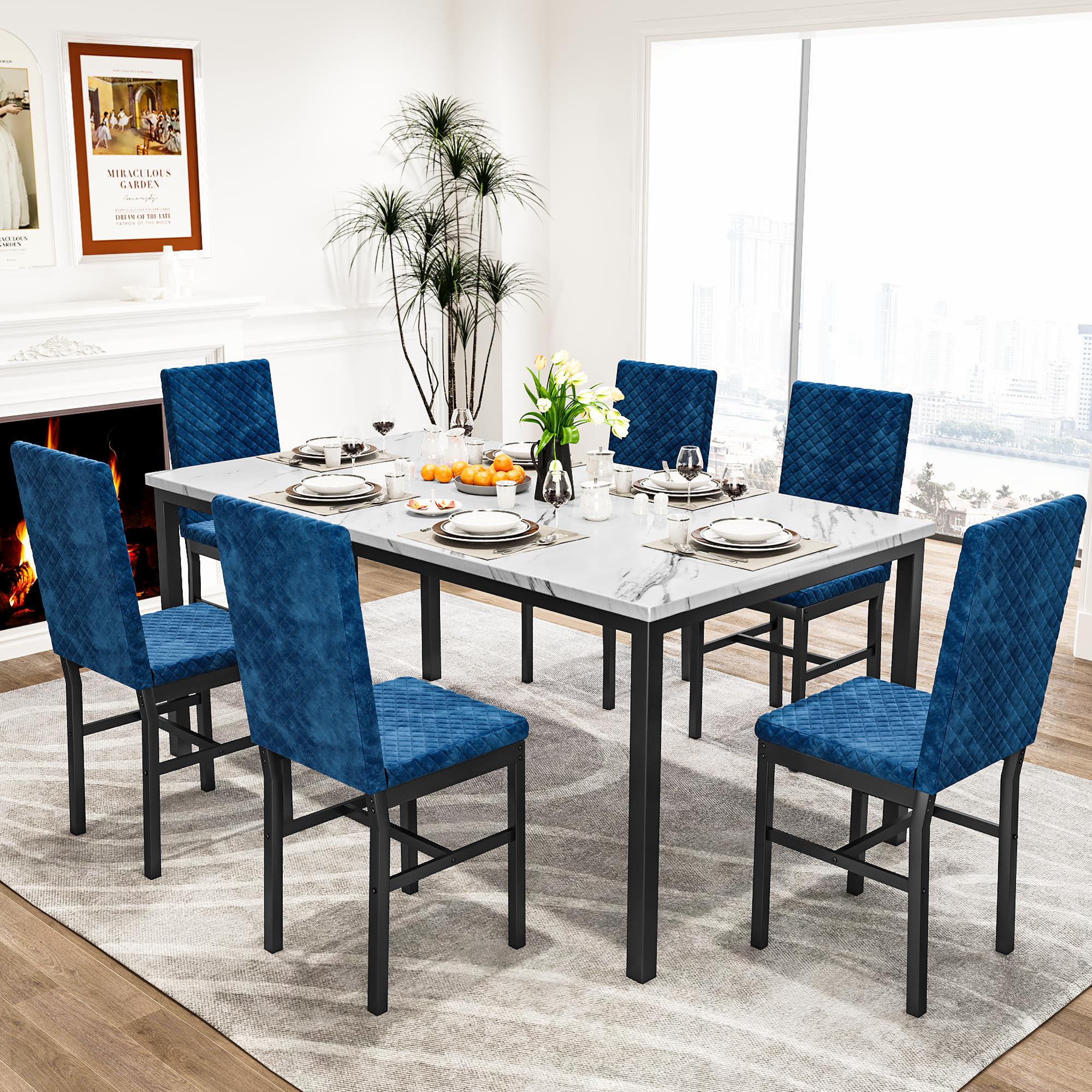 Dining Table Set 7 Piece Large modern Kitchen Table and chairs for 6 with Metal Frame for breakfast Nook Faux Marble Dining Room Table Set with 6