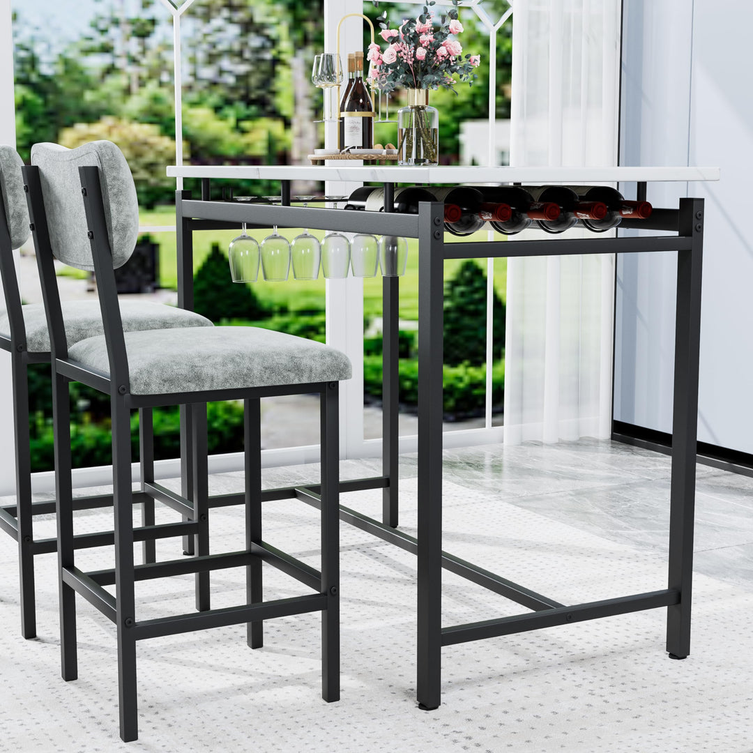 Lamerge 3-Piece Dining Table Set for 2, Table and Chairs with Wine Rack, Kitchen Table Set with 2 Velvet Chairs, Bar Table Set for Small Spaces, Breakfast, Pub, Gray&White