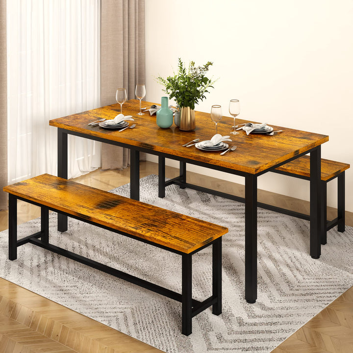 Lamerge Kitchen Table Set with 2 Benches 4 Person Dining Room Table Set for Home Kitchen, Dining Room, Restaurant, Space Saving, 47.2inch Table and 41.3inch Bench, Industrial Brown,CZ-01