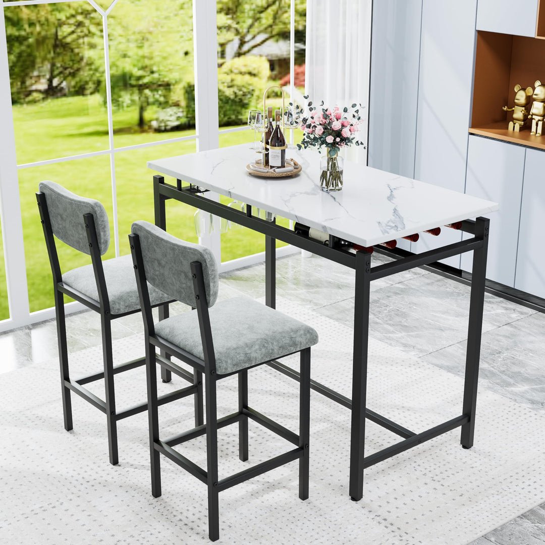 Lamerge 3-Piece Dining Table Set for 2, Table and Chairs with Wine Rack, Kitchen Table Set with 2 Velvet Chairs, Bar Table Set for Small Spaces, Breakfast, Pub, Gray&White