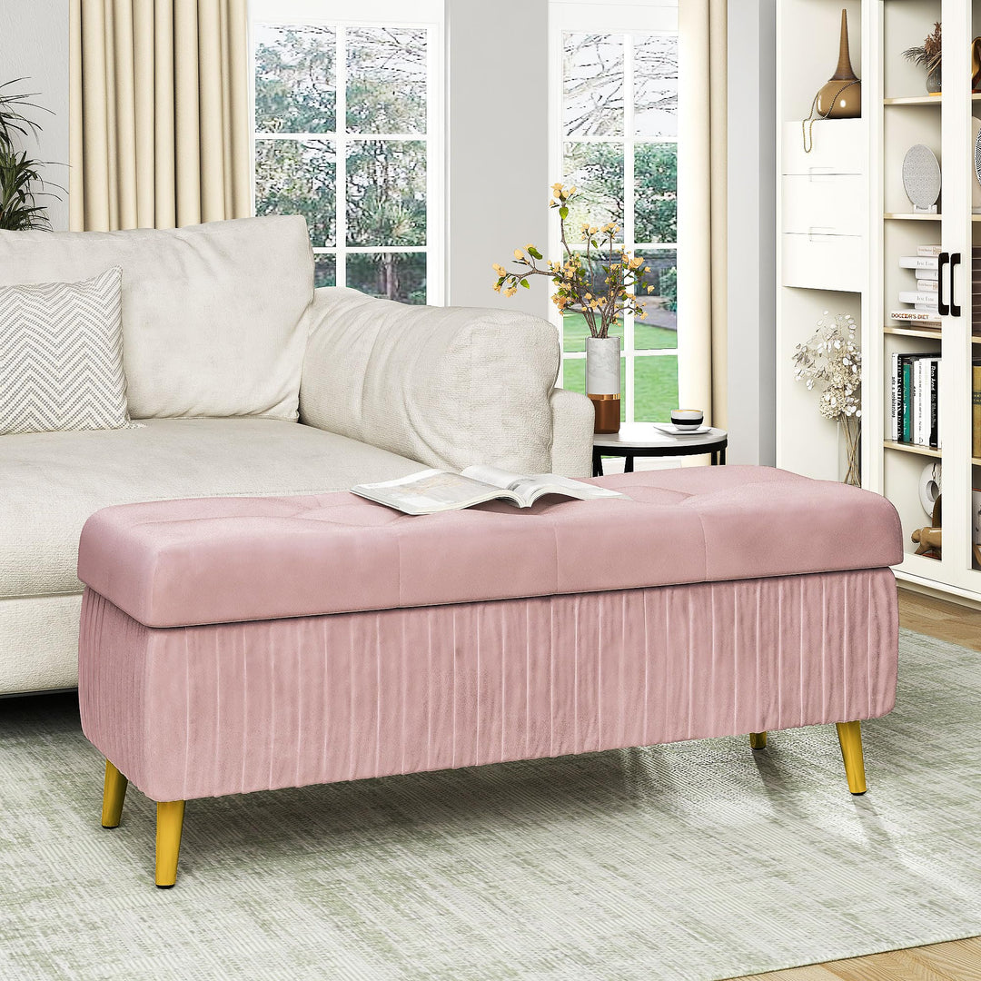 Lamerge Large Upholstered Velvet Storage Ottoman,End of Bed Bench,Flip Top Entryway Bench,Tufted Foot Rest Stool,Can Used as Tea Table,Vanity Bench,Livingroom Chair,47.24" W,Golden & Pink