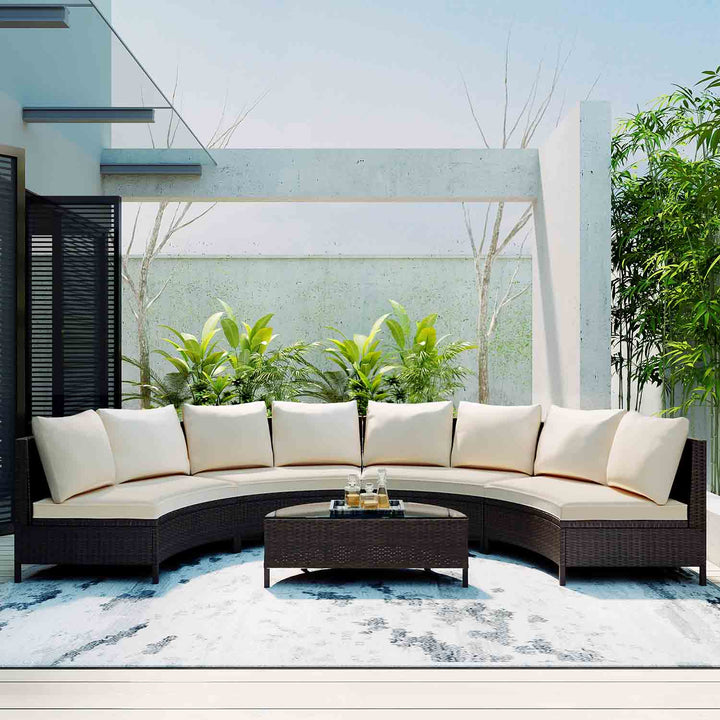 Irta All-Weather Wicker Outdoor Sectional Sofa Set with Tempered Glass Table